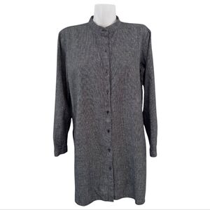 Eileen Fisher Hemp Cotton Tunic Long Shirt M Button Down Black Grid Side Slits